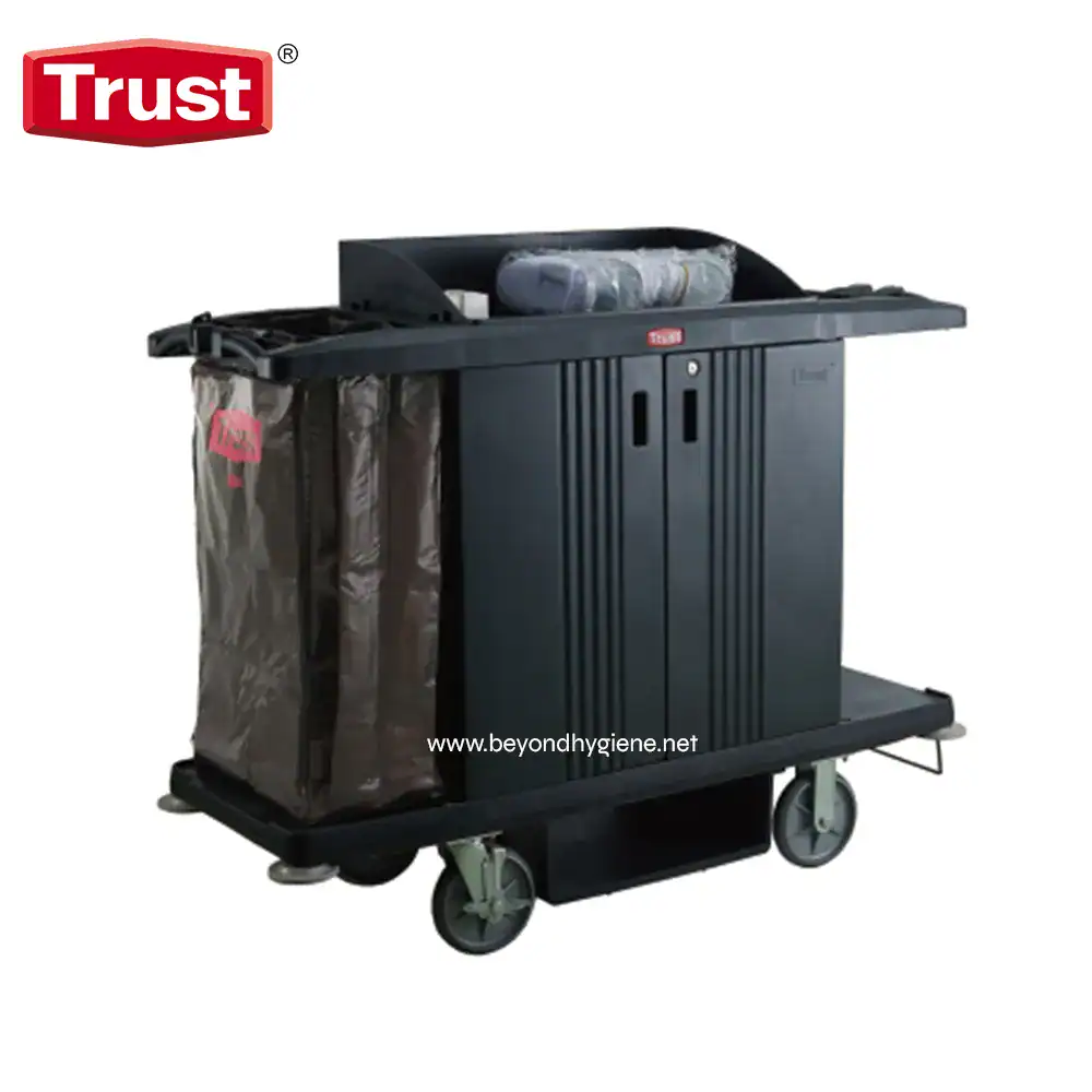 5022 Trash bin cleaning and disposal cart by Trust, designed for hygienic waste management in commercial and industrial settings. Durable, mobile, with a large trash bag and convenient storage.