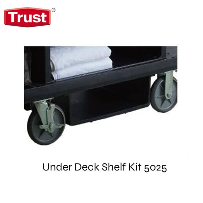 Trust hygiene cart with under deck shelf kit 5025 for cleaning supplies and linen storage, ideal for commercial healthcare, hospitality, or janitorial environments.