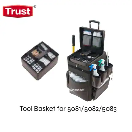 Tool basket with cleaning supplies and organized compartments designed for Trust 5081/5082/5083 models for efficient janitorial and hygiene maintenance.