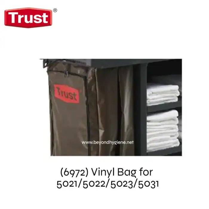 Vinyl bag for towels and linens, branded Trust, designed for hygiene and organization in commercial and healthcare facilities. Durable vinyl material ensures easy cleaning and storage for cleanliness standards.