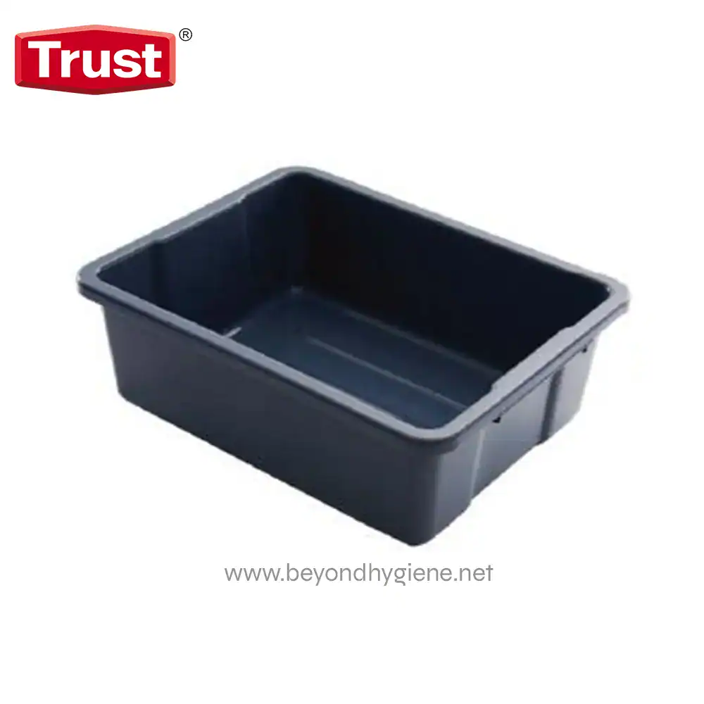 Black plastic cleaning basin for commercial hygiene and sanitation needs.