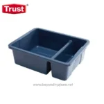 Black plastic mop bucket with wringer for commercial cleaning and sanitation.