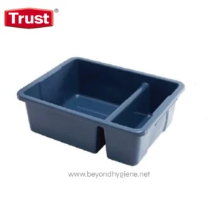 Black plastic mop bucket with wringer for commercial cleaning and sanitation.