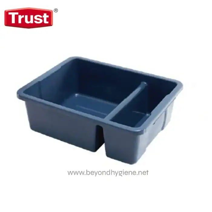 Black plastic mop bucket with wringer for commercial cleaning and sanitation.