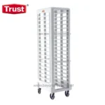 Stackable plastic storage trolley with multiple compartments, mobile wheels, ideal for hygiene and sanitation supplies in healthcare, foodservice, or industrial environments.