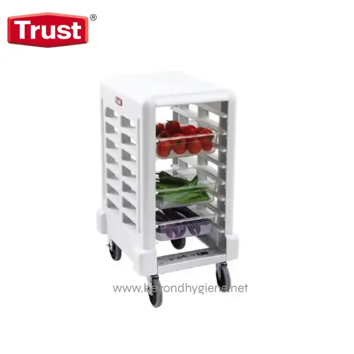 White mobile vegetable storage cart with multiple shelves for fresh produce organization and easy access, ideal for commercial kitchens, markets, and foodservice environments.