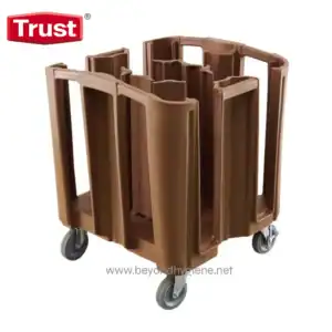 Stackable brown cleaning cart with wheels designed for sanitation and hygiene services. Ideal for janitorial and healthcare environments, featuring spacious compartments for supplies.