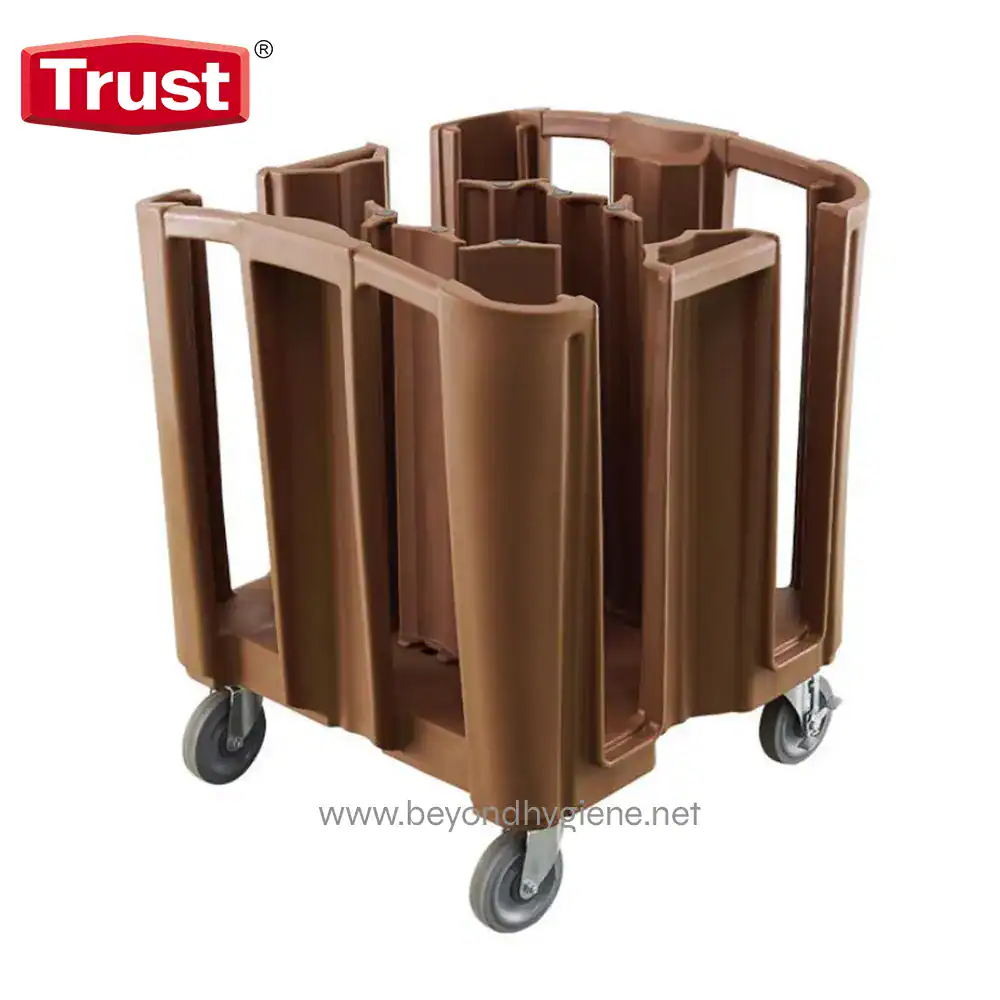 8651 Stackable brown cleaning cart with wheels designed for sanitation and hygiene services. Ideal for janitorial and healthcare environments, featuring spacious compartments for supplies.