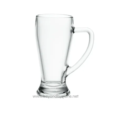 Glass mug for beverages, clear and transparent, suitable for coffee, tea, or water, showcasing hygiene and cleanliness.