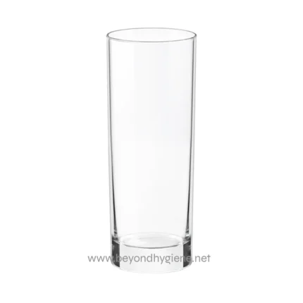 Empty transparent drinking glass, ideal for beverages, in high-quality clear acrylic or glass. Perfect for hospitality or hygiene-sensitive environments needing clean and sterile drinkware.