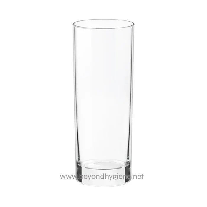 Empty transparent drinking glass, ideal for beverages, in high-quality clear acrylic or glass. Perfect for hospitality or hygiene-sensitive environments needing clean and sterile drinkware.