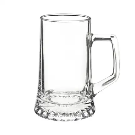 Clear glass beer mug with sturdy handle, ideal for serving cold beverages at events or bars, premium quality, and durable design.