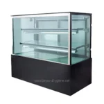 Stainless steel refrigerated display case for bakery, deli, and food service industry with glass doors for product visibility and hygiene.