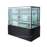 Stainless steel refrigerated display case with glass panels for commercial food display and hygiene, ideal for bakeries, cafés, and supermarkets.