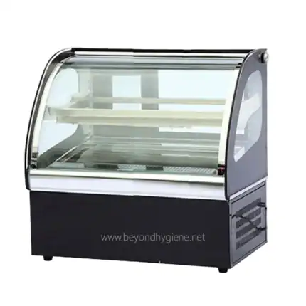 Display refrigerated display case for bakery and deli products, ideal for food service and retail environments. Perfect for showcasing fresh pastries, desserts, or cold cuts in Asian hospitality spaces.