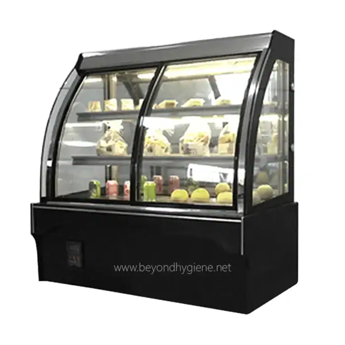 Refrigerated display showcase for bakery products and beverages at Beyond Hygiene Asia.