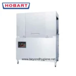 Hobart industrial dishwasher, commercial kitchen appliance for hygiene and sanitation, stainless steel construction, high-capacity dishwashing equipment for restaurants and food service.