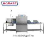 Hobart commercial dishwasher for high-volume dishwashing in hospitality and foodservice settings, featuring stainless steel construction and energy-efficient operation.
