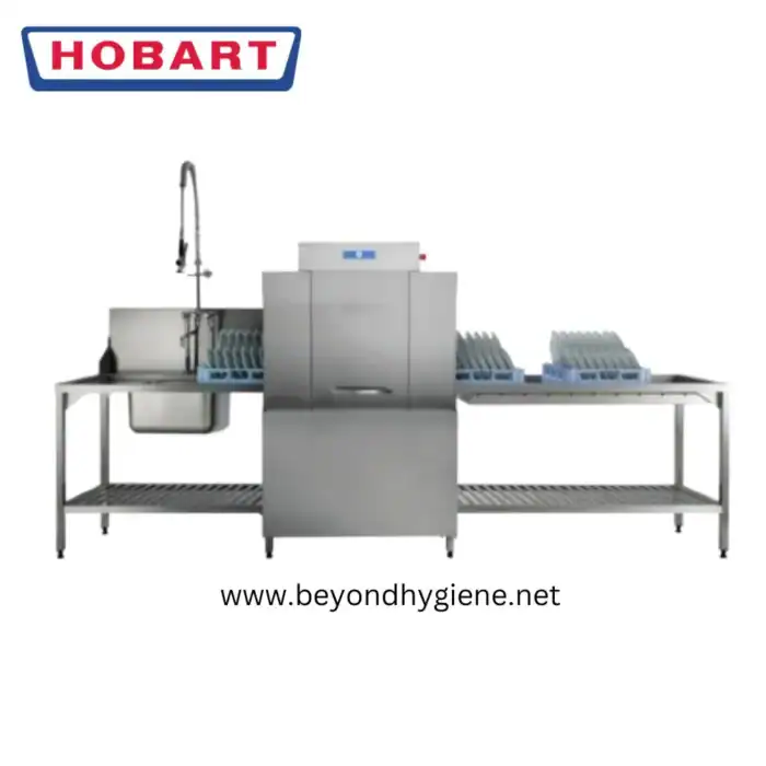 Hobart commercial dishwasher for high-volume dishwashing in hospitality and foodservice settings, featuring stainless steel construction and energy-efficient operation.
