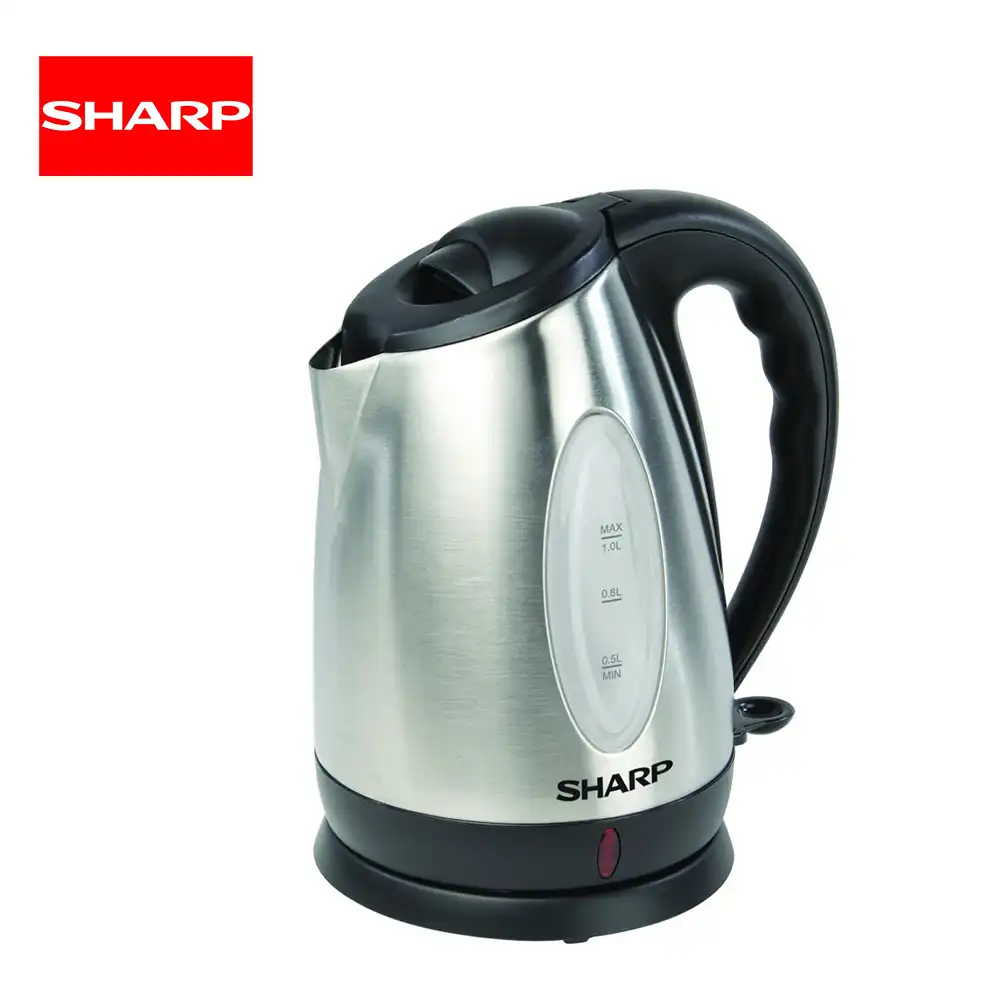 Electric Kettle EKJ-102-ST Stainless steel electric kettle with black handle and lid, branded "Sharp", ideal for hot water heating, energy-efficient design, perfect for office or home kitchen use.