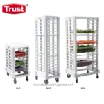 Stacked plastic food storage rolling carts with vegetables for hygiene and organization.
