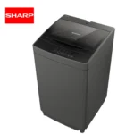 Sharp top load washing machine in black, energy-efficient household laundry appliance for home use.