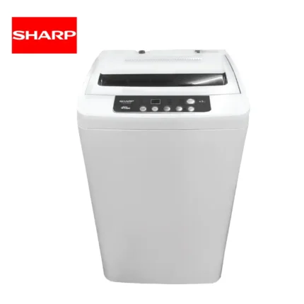 Sharp top-loading washing machine in white, energy-efficient laundry appliance for home and commercial use.