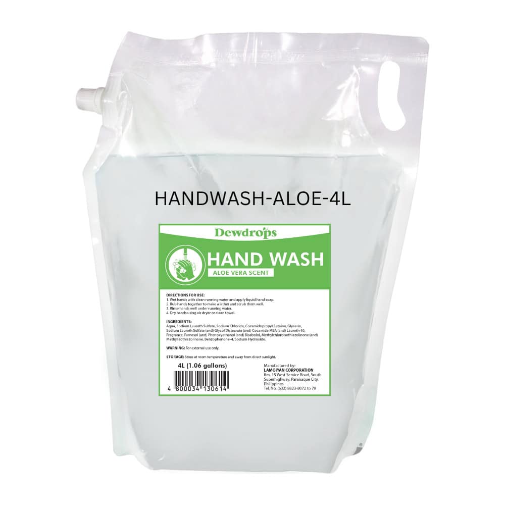 Handwash aloe vera 4L refill pouch, suitable for hygiene and sanitation, easy to use with liquid hand soap, ideal for commercial and household hand cleaning needs.