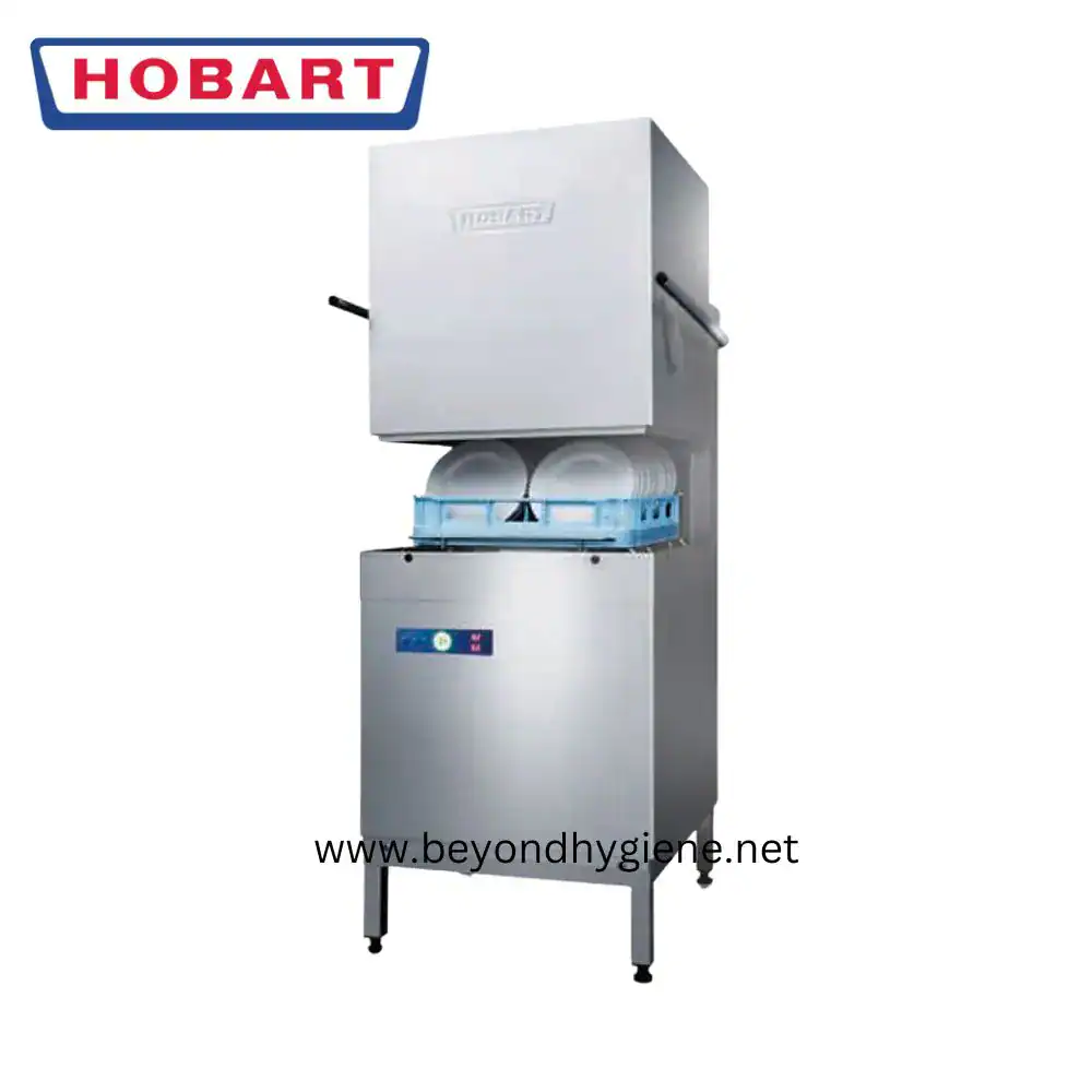Hood Type Dishwasher AM650 (2) Hobart commercial dish sterilizer machine for hygienic dishwashing in commercial kitchens.