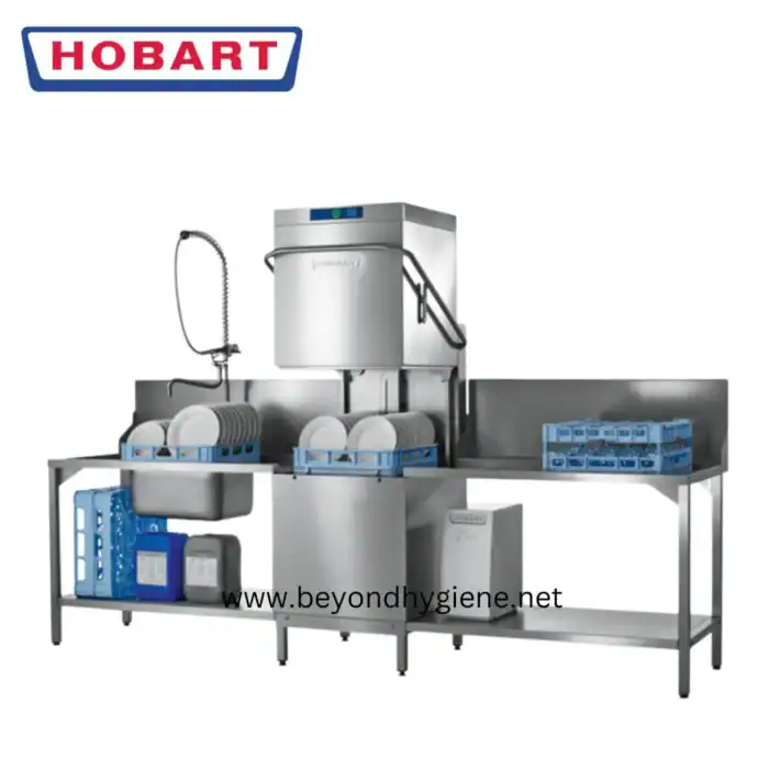 Dishwasher in commercial kitchen for dishwashing and sanitation, stainless steel industrial dishwasher with high efficiency for hospitality and foodservice hygiene needs.