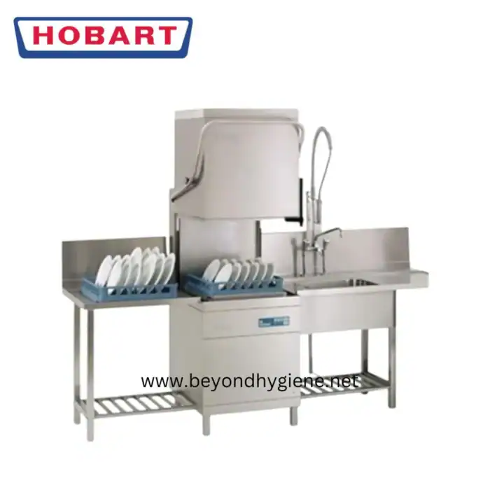Stainless steel commercial dishwasher station with dish racks, sink, and plumbing, suitable for professional kitchens and hygiene standards.