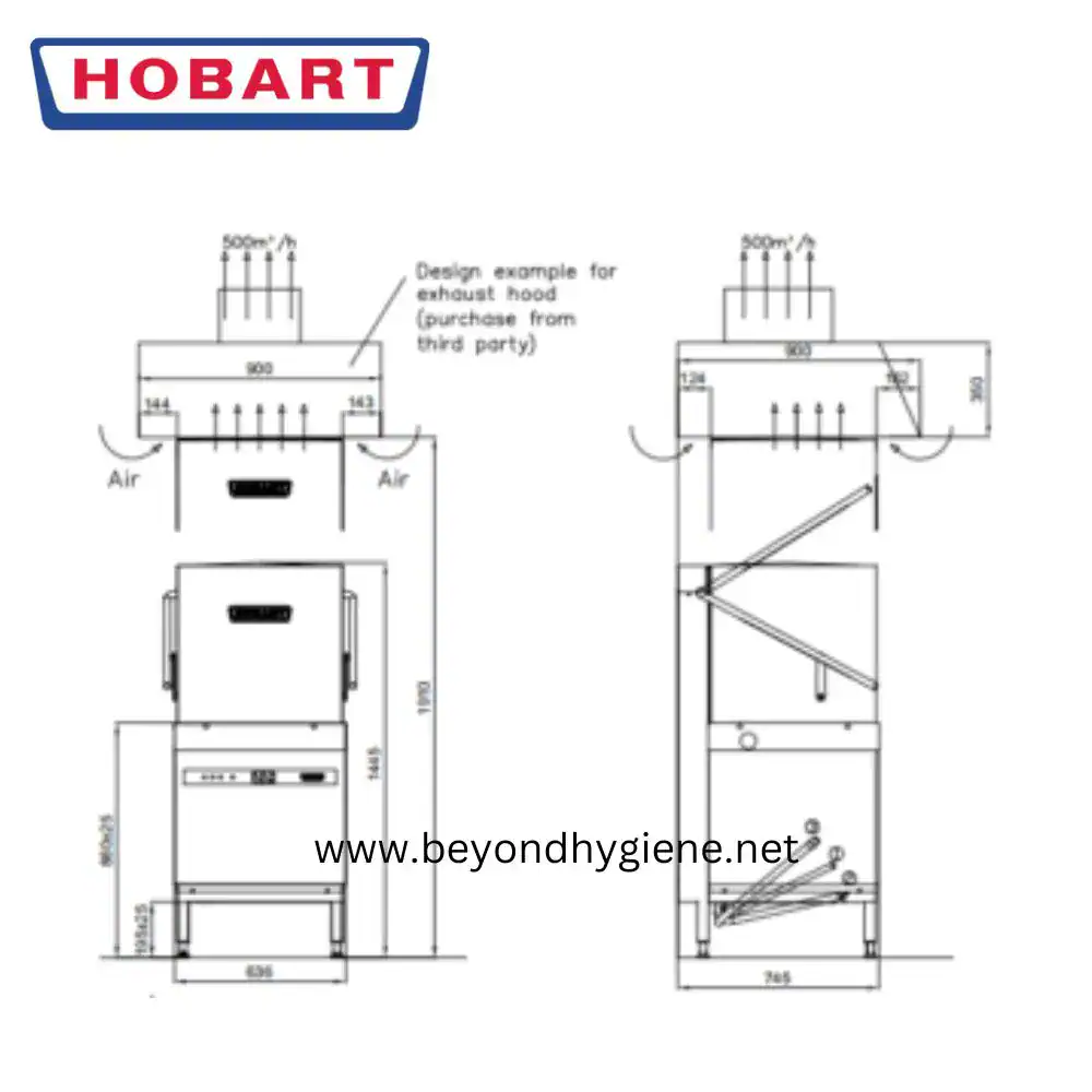 Hood Type Dishwasher AM650 (5) Hobart exhaust hood diagram for commercial kitchen ventilation and hygiene standards.