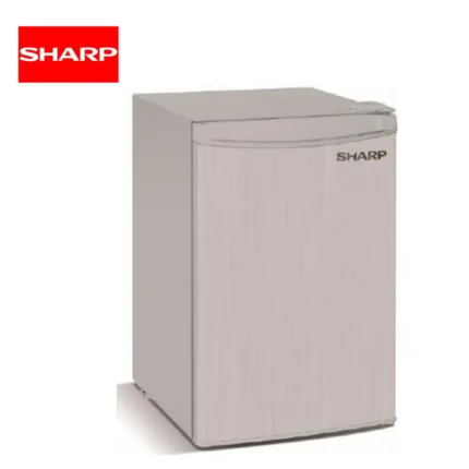 Sharp mini fridge in sleek silver finish, ideal for office or home use, compact design, durable build, energy-efficient, perfect for storing snacks and beverages.