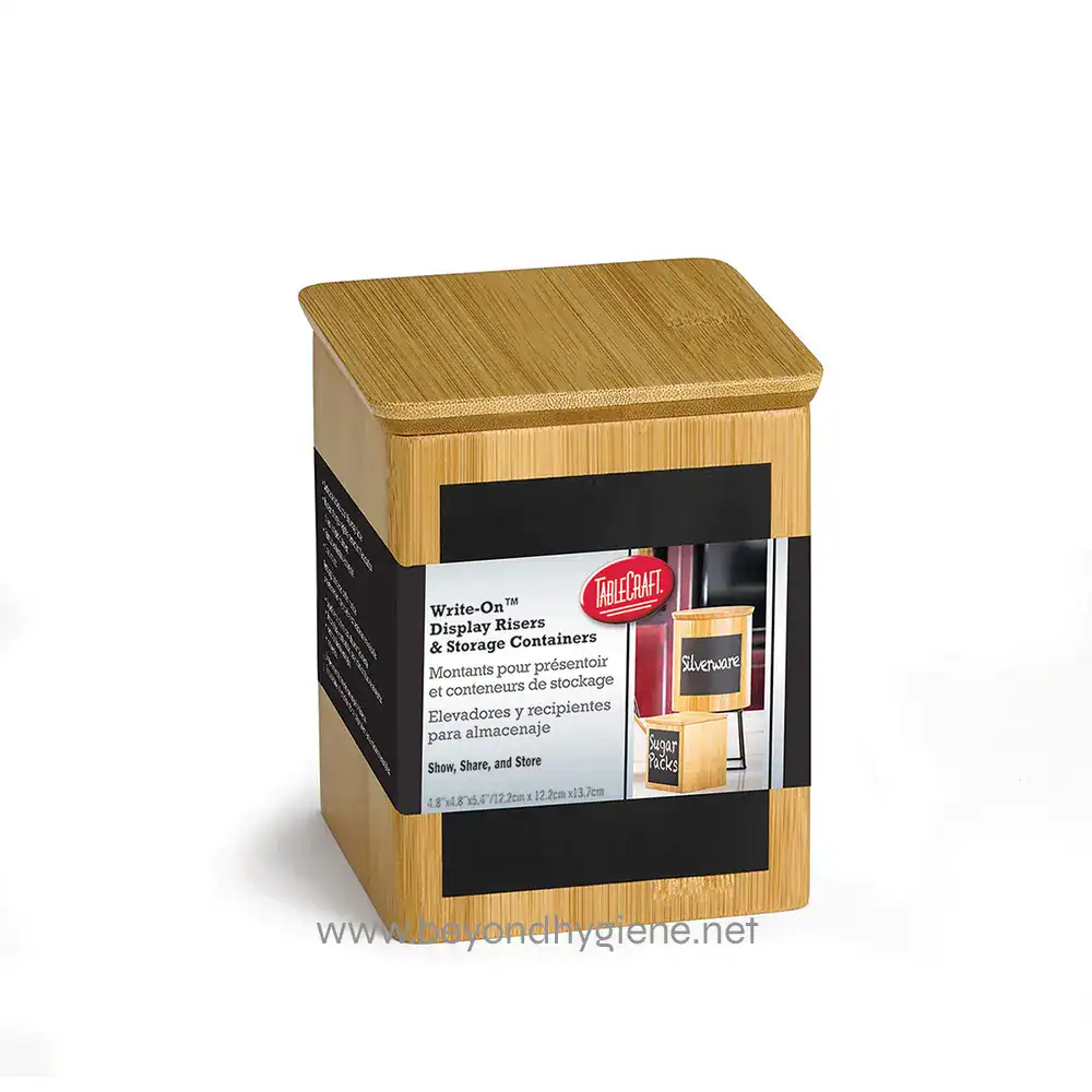 RCBS445_PKG-01 Display risers and storage containers made of bamboo for organizing kitchen or retail spaces. Perfect for showcasing items like sugar packs or small products with a stylish, eco-friendly design.