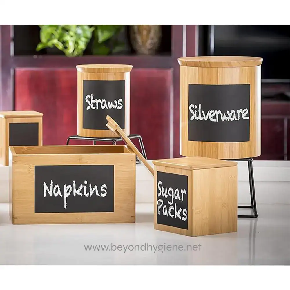 RCBS667_02 Stainless steel kitchen storage containers with black chalkboard labels for organizing pantry shelves.