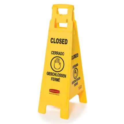 Caution Wet Floor sign with "Closed" in multiple languages, maintaining safety in commercial and healthcare environments.
