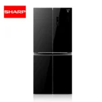 Sharp black refrigerator with sleek design for modern kitchens, energy-efficient and spacious, ideal for household convenience, part of Beyond Hygiene Asia's appliance offerings.