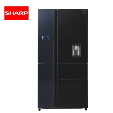 Sharp black refrigerator with digital display and water dispenser, energy-efficient kitchen appliance for modern homes.