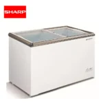 Electronic commercial freezer for food storage, temperature control for ice cream and frozen foods, Sharp brand appliance, energy-efficient design for supermarket use.