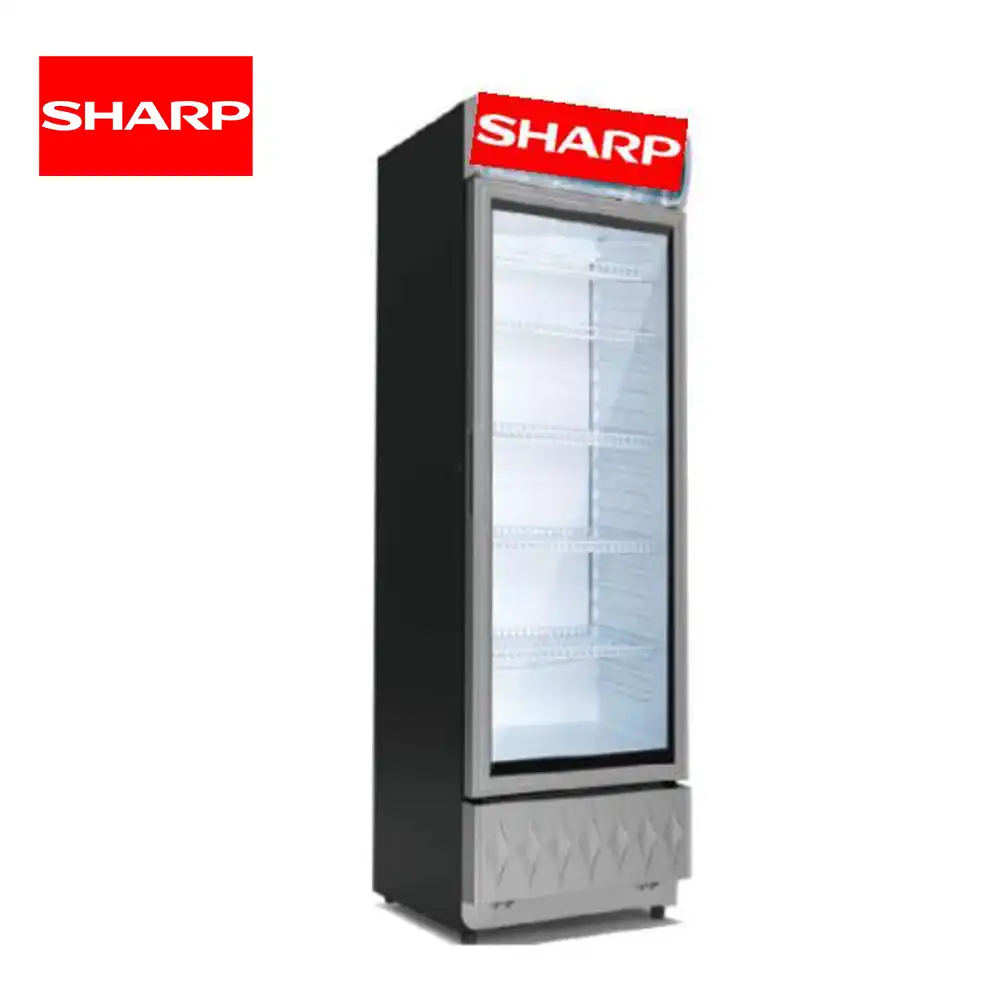 Showcase Refrigerator SCH-215AS Sharps commercial display cooler with transparent glass door, ideal for retail and food storage, providing temperature control and energy efficiency, branded by Sharp.