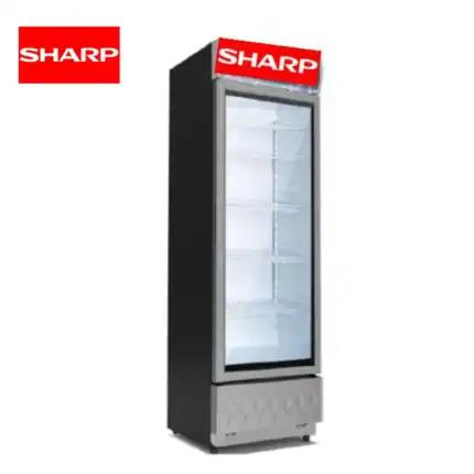 Empty commercial beverage display fridge with Sharp branding for retail or food service use in Asia.