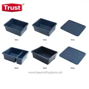 Plastic storage bins and lids for hygienic organization, ideal for commercial and industrial cleaning supply management. Durable containers with secure lids from Beyond Hygiene Asia.