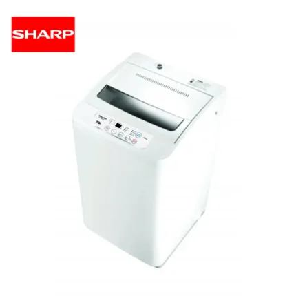 Sharp washing machine, white appliance, top load laundry machine, home appliance, modern design, energy-efficient washing machine, durable laundry equipment, beyond hygiene asia, commercial and residential cleaning equipment.