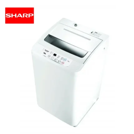 Sharp top load washing machine, energy-efficient laundry appliance, white color, modern design, suitable for home use, durable and reliable for fabric cleaning.