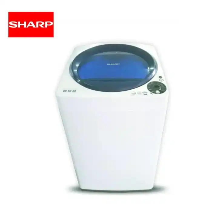 Washing machine from Sharp, modern home appliance, white with a digital control panel, ideal for laundry needs and hygiene maintenance.
