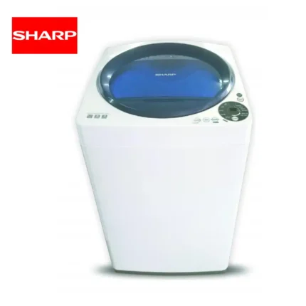 Sharp top-loading washing machine, white and blue laundry appliance, energy-efficient washing machine, durable home appliance, Beyond Hygiene Asia cleaning equipment, laundry technology, cleaning solutions, hygiene maintenance, commercial and residential washers.