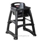 High-quality black plastic high chair for children, easy to clean and safe for mealtime, ideal for restaurants and home use. Perfect for feeding infants and toddlers in Asia.