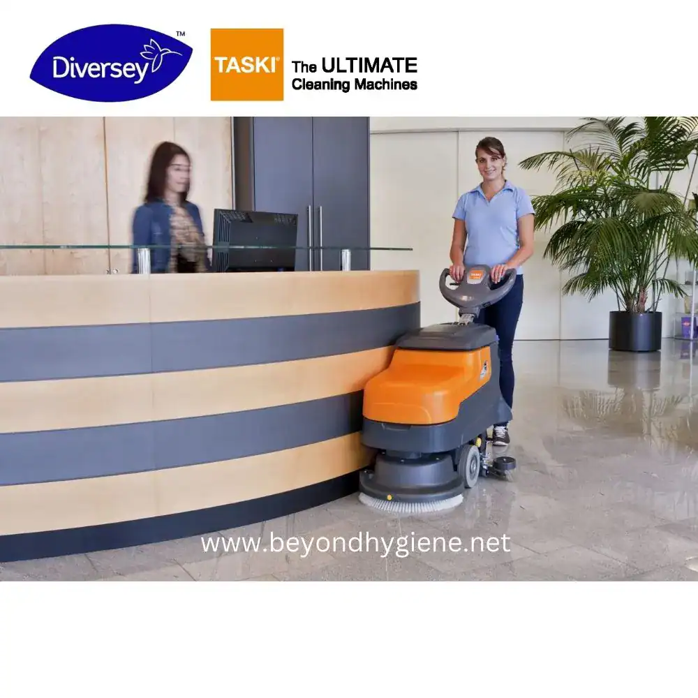 swingo 455B & E _ TASKI (6) Efficient industrial floor cleaning with a high-performance sweeper machine at Beyond Hygiene Asia for maintaining hygiene standards in commercial spaces.