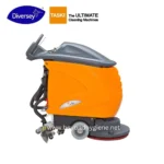 Industrial cleaning machine with orange and gray design, ideal for commercial cleaning services and hygiene maintenance.