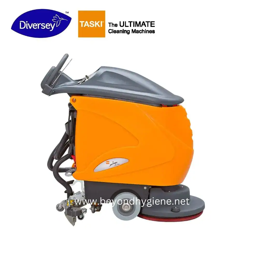swingo 855B _ TASKI (4) Industrial cleaning machine with orange and gray design, ideal for commercial cleaning services and hygiene maintenance.